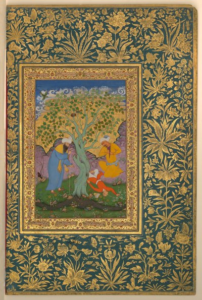 Aqa Riza, Een jongeling gevallen uit een boom, Folio uit het Shah Jahan Album door Aqa Riza